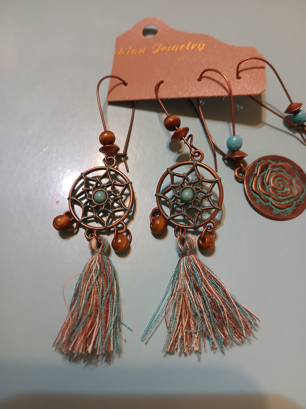 Boho Copper & Turquoise Dreamcatcher and Rose Drop Earrings - Set of 2 - Picture 2 of 3